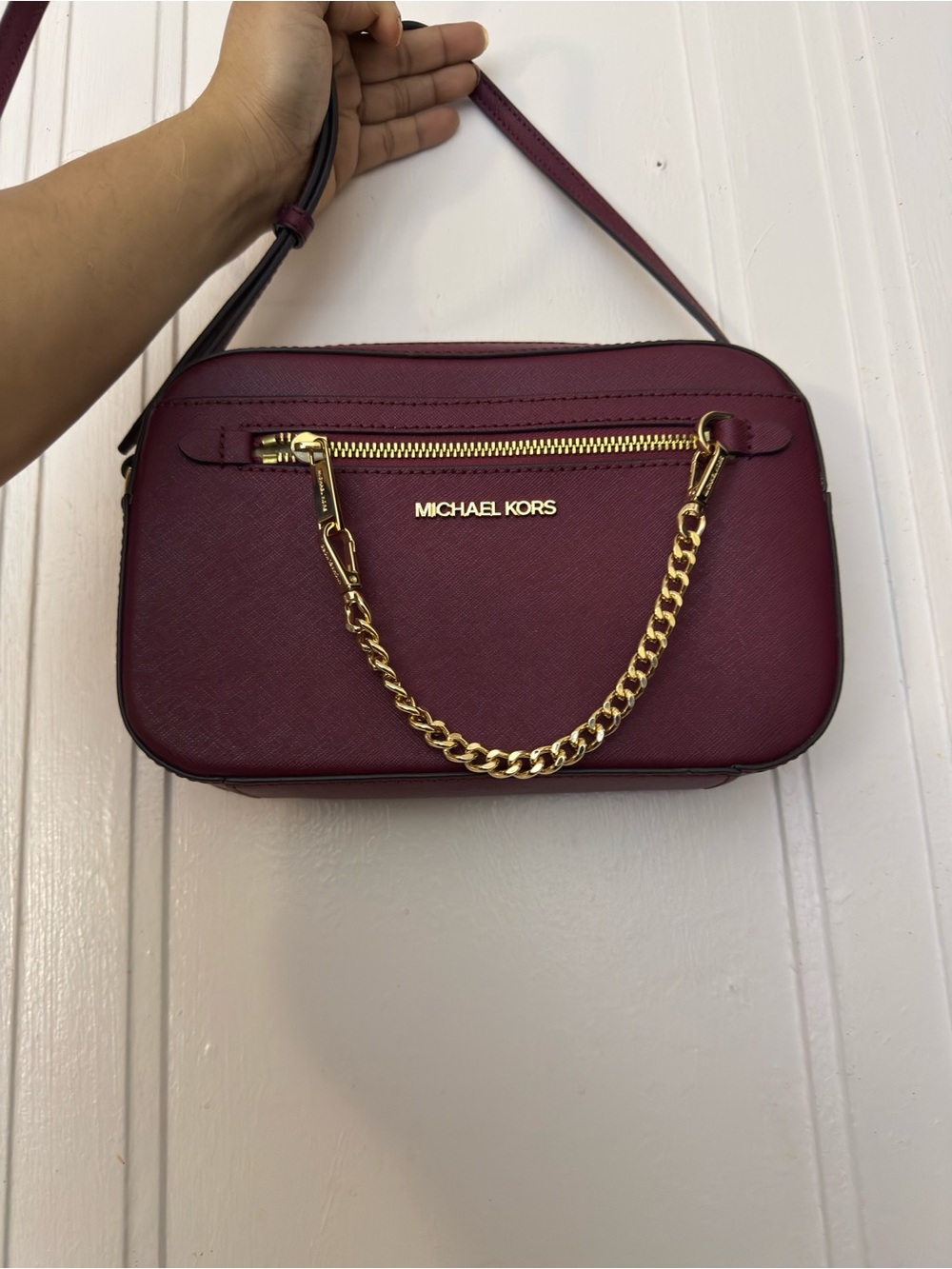 Michael Kors Wine Saffiano Leather Shoulder Bag with Gold Chain